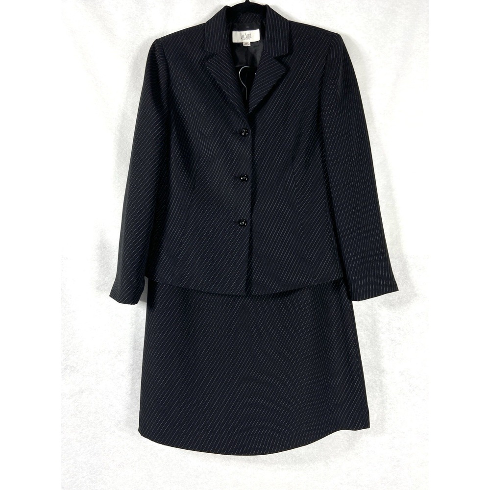 Le Suit 2PC Skirt Suit Women's Petite 10P Black Blazer Button Pinstriped Career